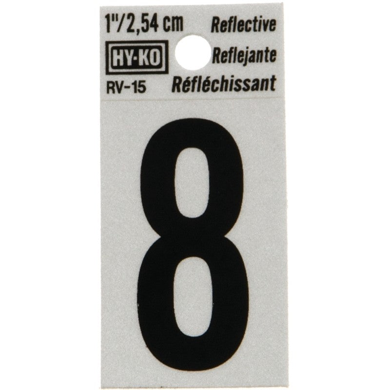 Hy-Ko RV-15/8 Reflective Sign, Character: 8, 1 in H Character, Black Character, Silver Background, Vinyl (Pack of 10)