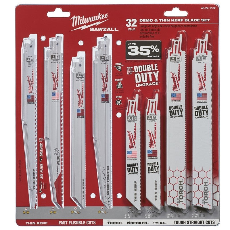 Milwaukee SAWZALL 49-22-1132 Blade Set, 32-Piece, Thin Kerf, Bi-Metal, White