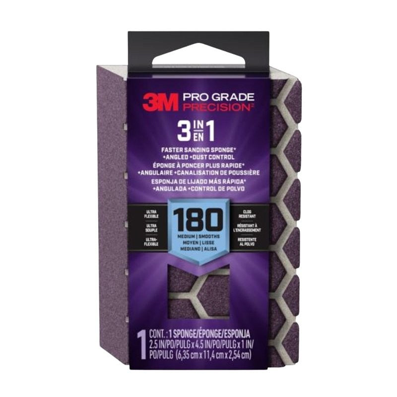 Pro Grade Precision DCDA180-PGP-1T 3-in-1 Sanding Sponge, 2-1/2 in L, 4-1/2 in W, 180 Grit, Medium