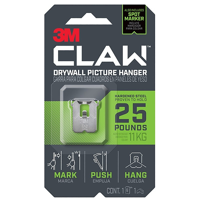 3M CLAW 3PH25M-1ES Drywall Picture Hanger, 25 lb, Steel, Push-In, 1/PK (Pack of 4)