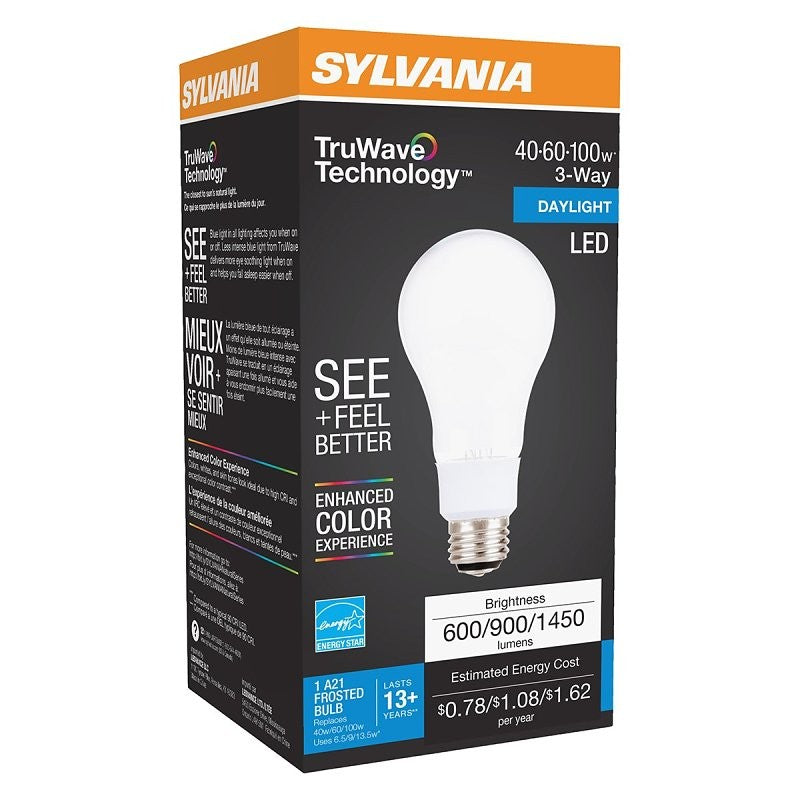 Sylvania 40778 Natural LED Bulb, 3-Way, A21 Lamp, 100 W Equivalent, E26 Lamp Base, Dimmable, Frosted, Daylight Light