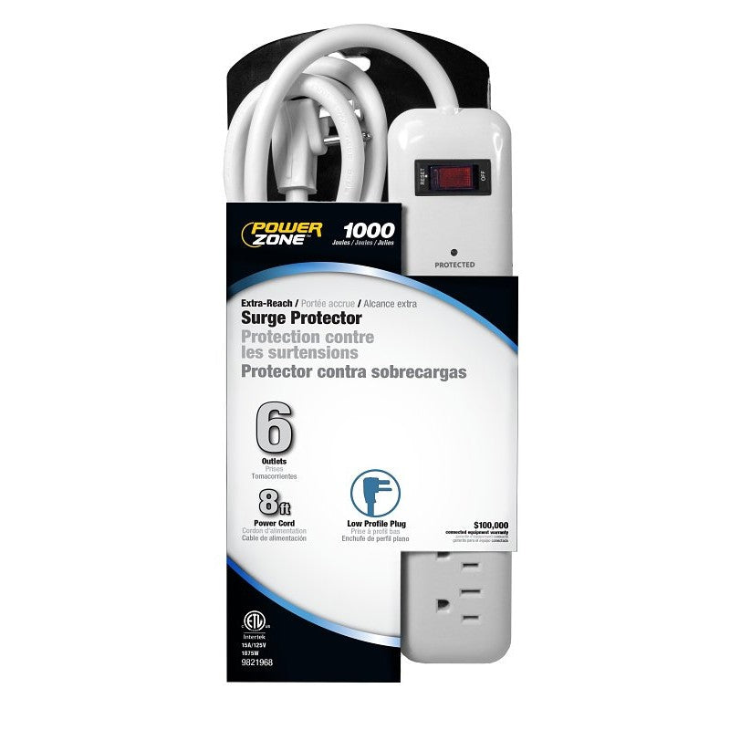 PowerZone OR802126 Surge Protector Power Strip, 125 V, 15 A, 6-Outlet, 1000 Joules Energy, White