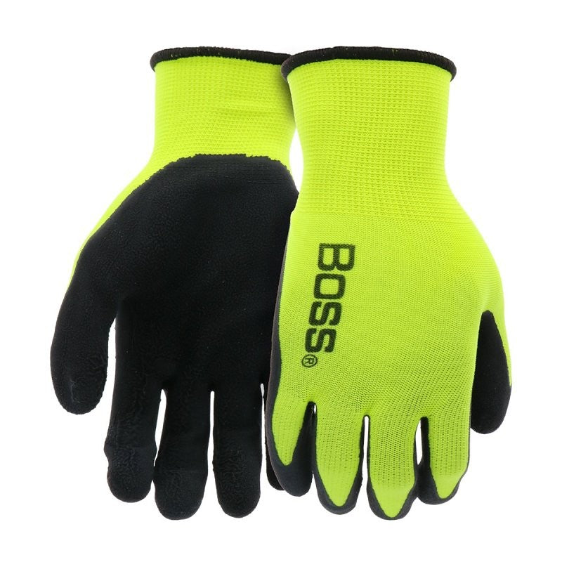 Boss Tactile Grip Series B31282-S Coated Gloves, S, Knit Wrist Cuff, Latex Coating, Polyester, Black/Hi-Viz Yellow