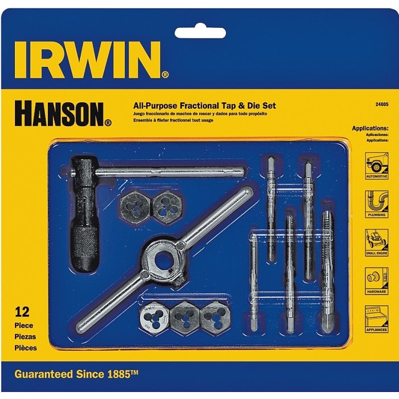 Irwin POWER-GRIP 24605 Tap and Die Set, 12-Piece, Includes: #10-32 NF Machine Screw Plug Tap and 5/8 in Hexagon Dies