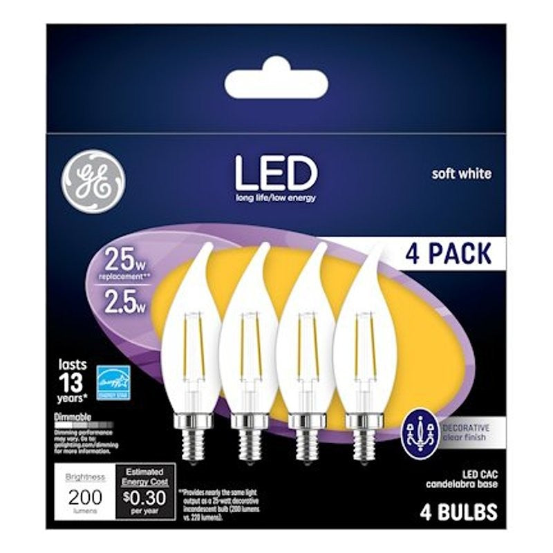 GE 99076 LED Bulb, Decorative, CA11 Lamp, 25 W Equivalent, Dimmable, Soft White Light, 2700 K Color Temp