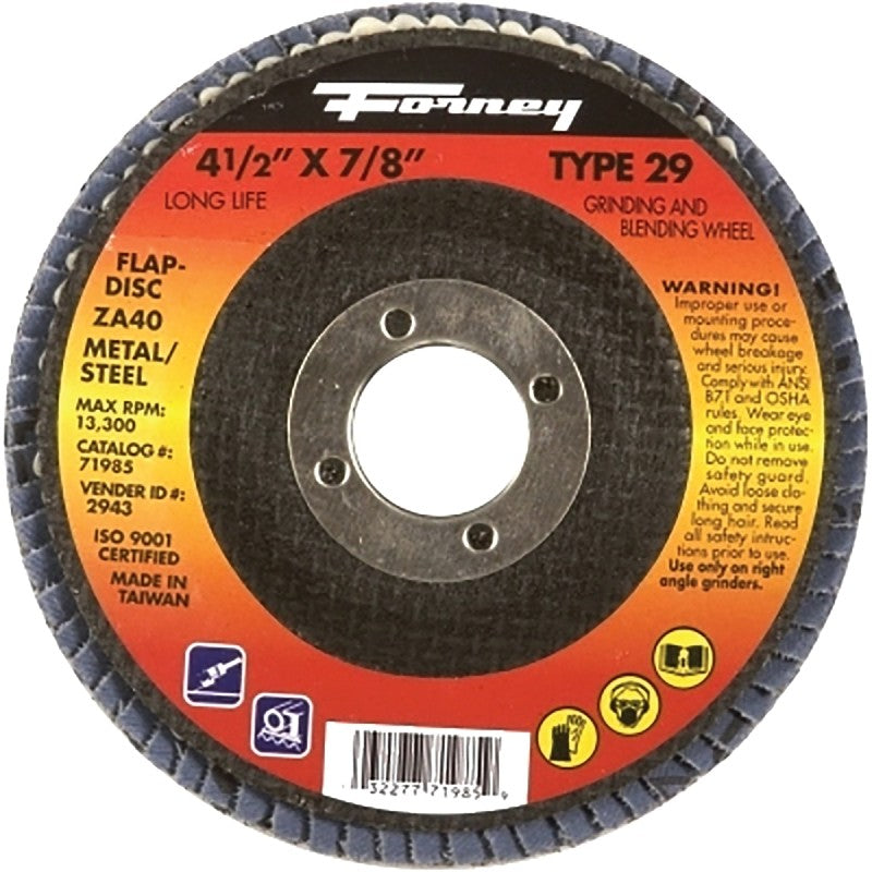 Forney 71927 Flap Disc, 4-1/2 in Dia, 7/8 in Arbor, 60 Grit, Medium, Fiberglass Backing, Zirconia Aluminum Abrasive