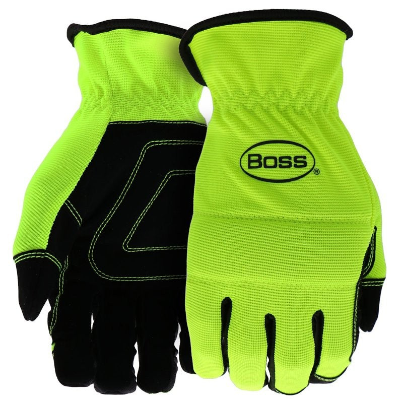 Boss Task Series B52121-XL Mechanic's Gloves, XL, Reinforced Thumb, Slip-On Cuff, Synthetic Leather, Hi-Viz Yellow
