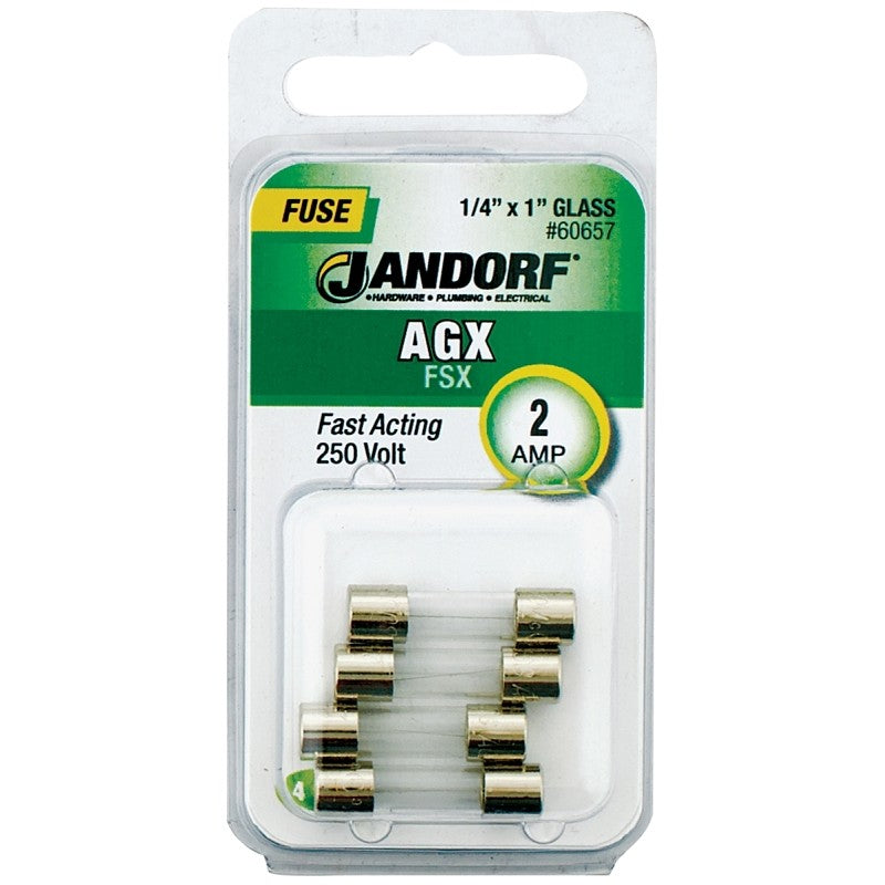 Jandorf 60657 Series Fast Acting Fuse, 0.04 Ohm, 2 A, 250 V, 100 A, 10 kA Interrupt, Glass Body