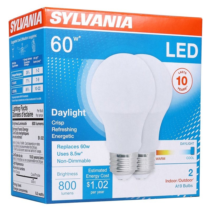 Sylvania 79282 LED Bulb, 800 Lumens, 8.5 W, A19 Lamp, 60 W Equivalent, E26 Lamp Base, Frosted