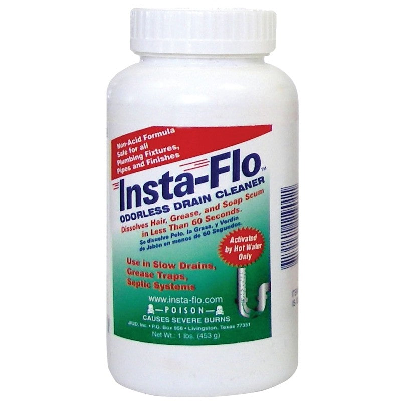 Insta-Flo IS-100 Drain Cleaner, Solid, White, Odorless, 1 lb Bottle (Pack of 12)