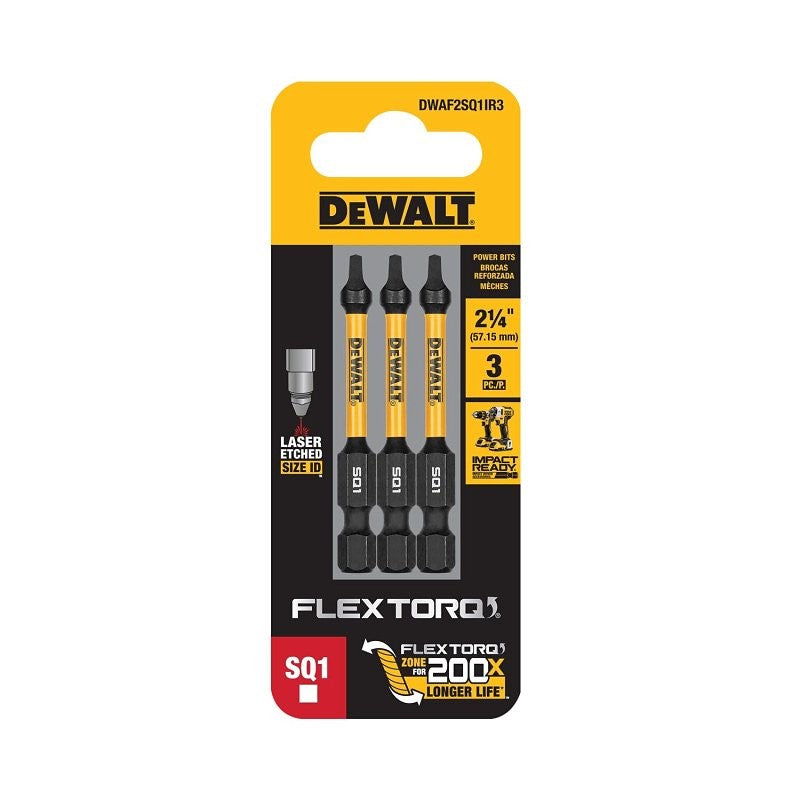 DEWALT FlexTorq DWAF2SQ1IR3 Impact Screwdriver Bit, #1 Drive, Square Drive, 1/4 in Shank, Hex Shank, 2-1/4 in L, Steel