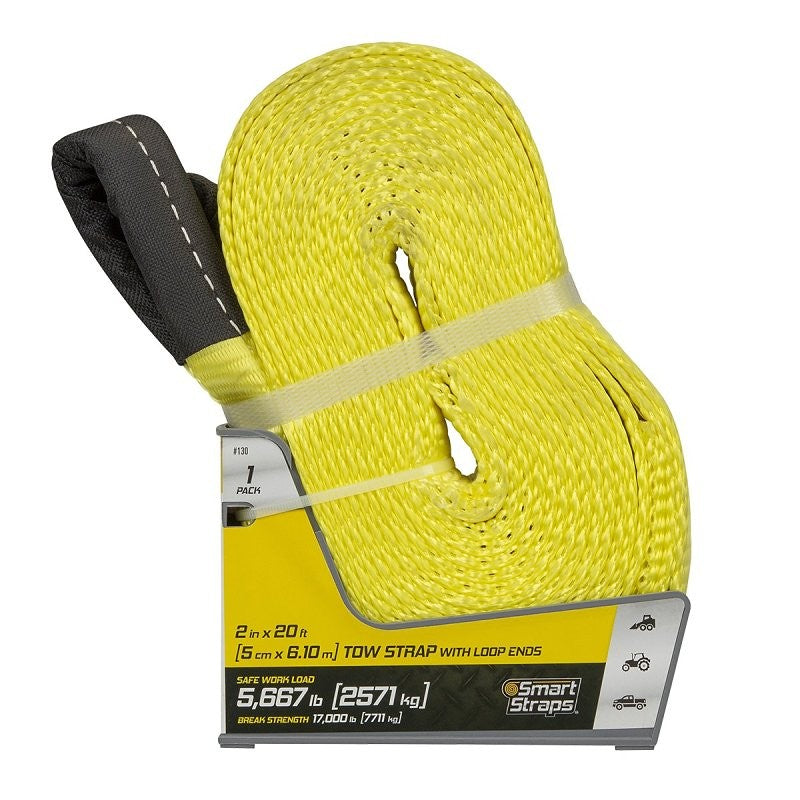 SmartStrap 130 Tow Strap, 5667 lb, 2 in W, 20 ft L, Loop End, Nylon, Yellow