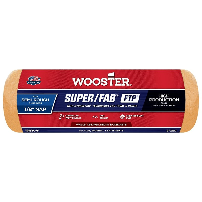 Wooster RR924-9 Roller Cover, 1/2 in Thick Nap, 9 in L, Fabric Cover, Lager