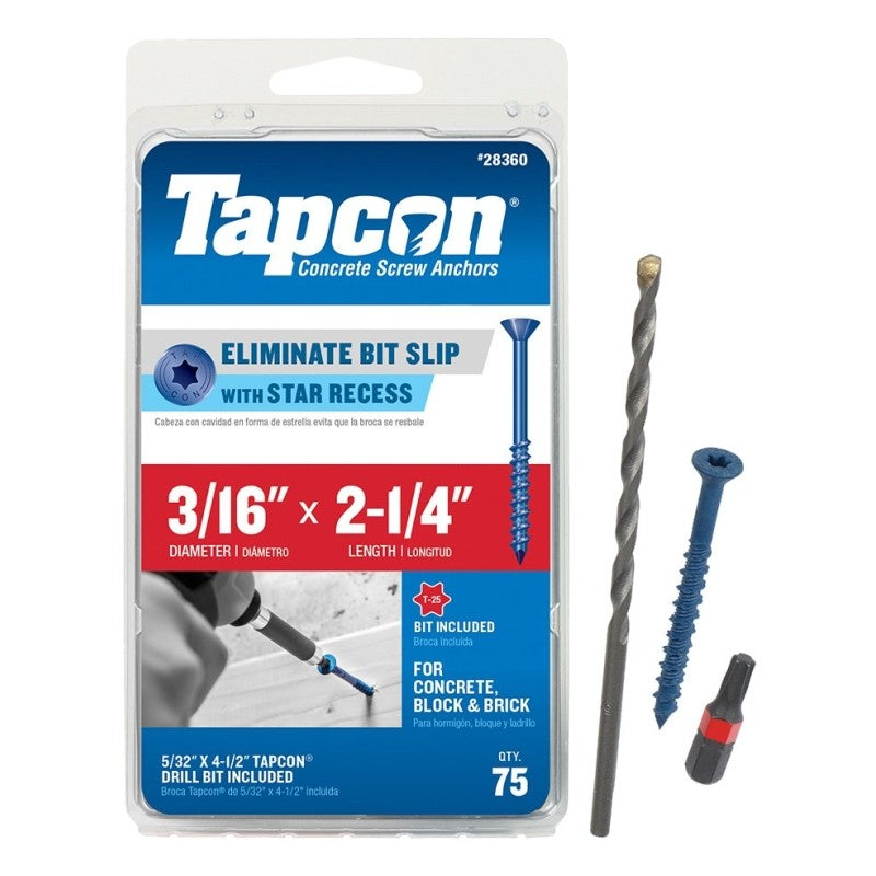 Tapcon 28360 Concrete Screw Anchor, T25 Screw, 3/16 in Dia, 2-1/4 in L, Steel, Climaseal, 75/PK