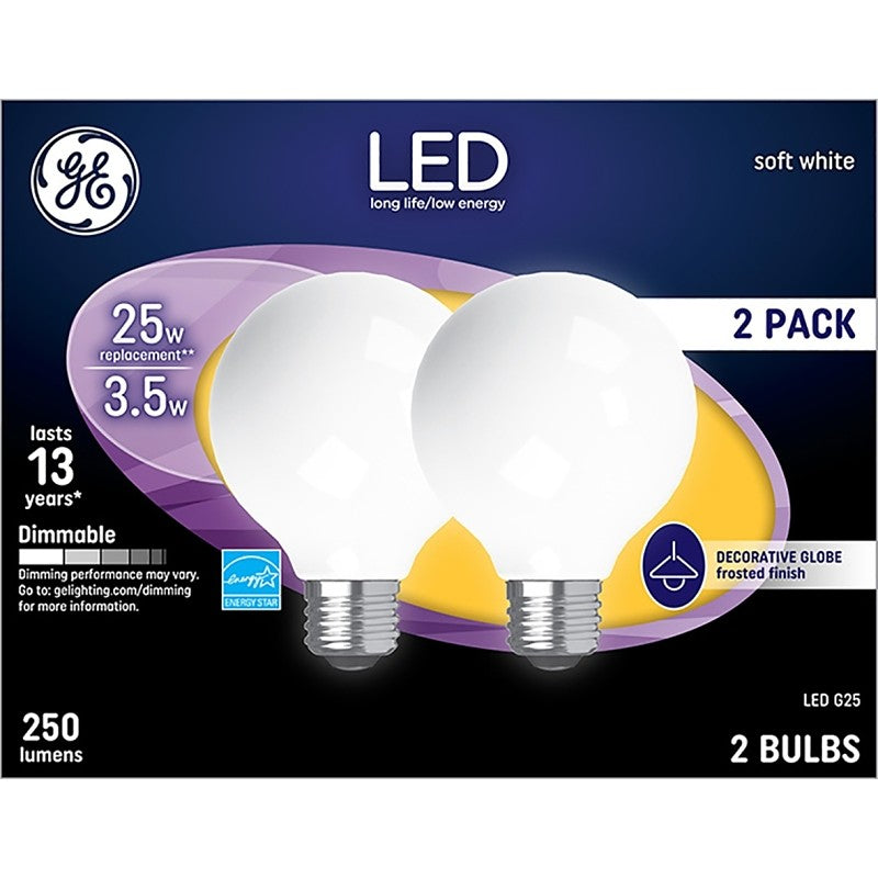 GE 31228 Replacement Bulb, Decorative, G25 Lamp, 25 W Equivalent, Medium (E26) Lamp Base, Dimmable, Frosted