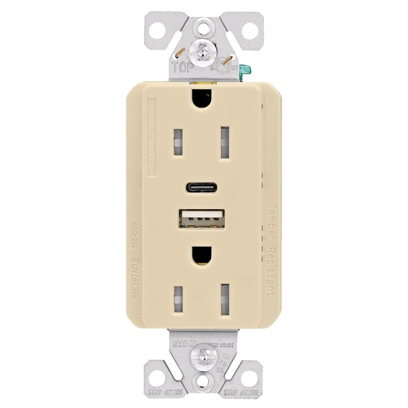 Eaton Cooper Wiring TRUSBAC15 TRUSBAC15V-K-L Receptacle, 2 -Pole, 5 A, 125 VAC, 2 -USB Port, Type A, C USB, Ivory