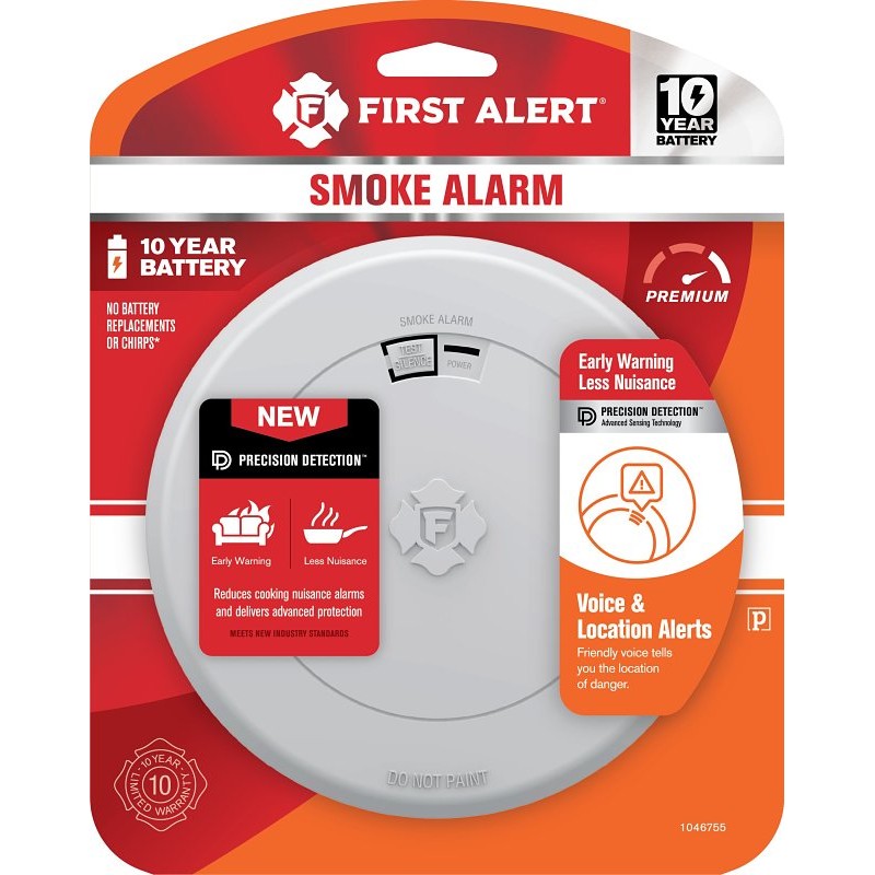 First Alert 1046755 Smoke Alarm with Voice Alerts, Photoelectric Sensor, Alarm: Voice, White (POS)