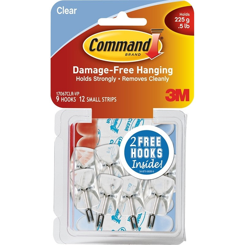 Command 17067CLR-VP Wire Hook, 1-5/8 in L x 3/4 in W x 3/4 in H Dimensions, 0.5 lb, 9-Hook, Plastic, Clear