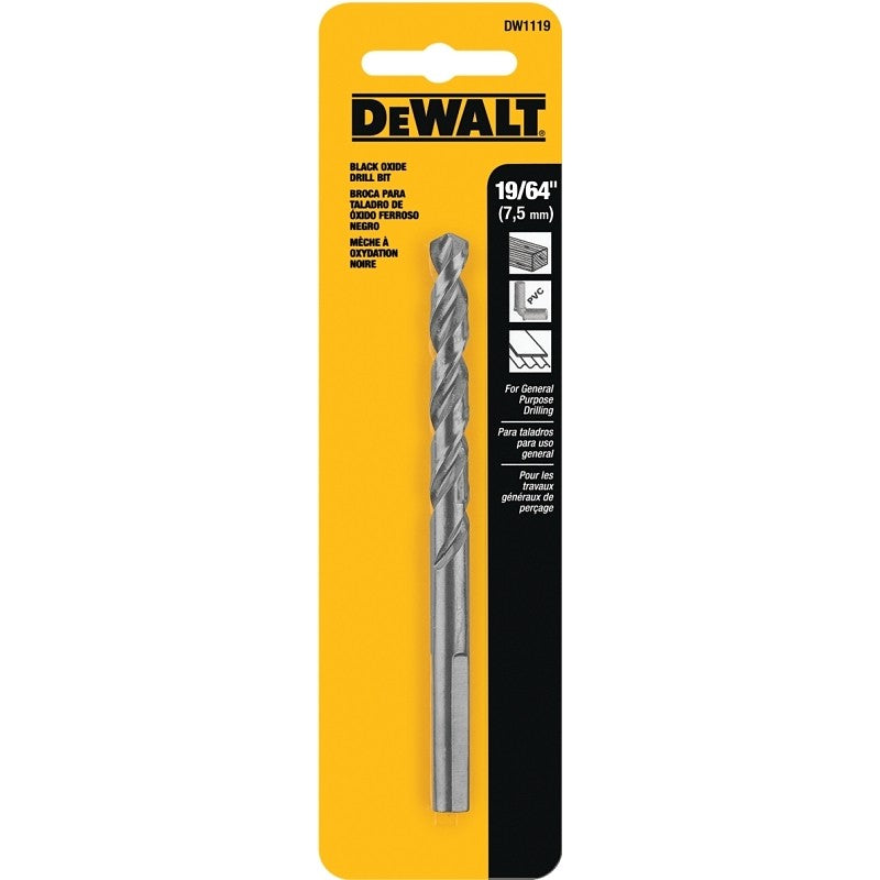 DEWALT DW1119 Jobber Drill Bit, 19/64 in Dia, 4.38 in OAL, Parabolic Flute, 19/64 in Dia Shank, Round Shank (Pack of 3)