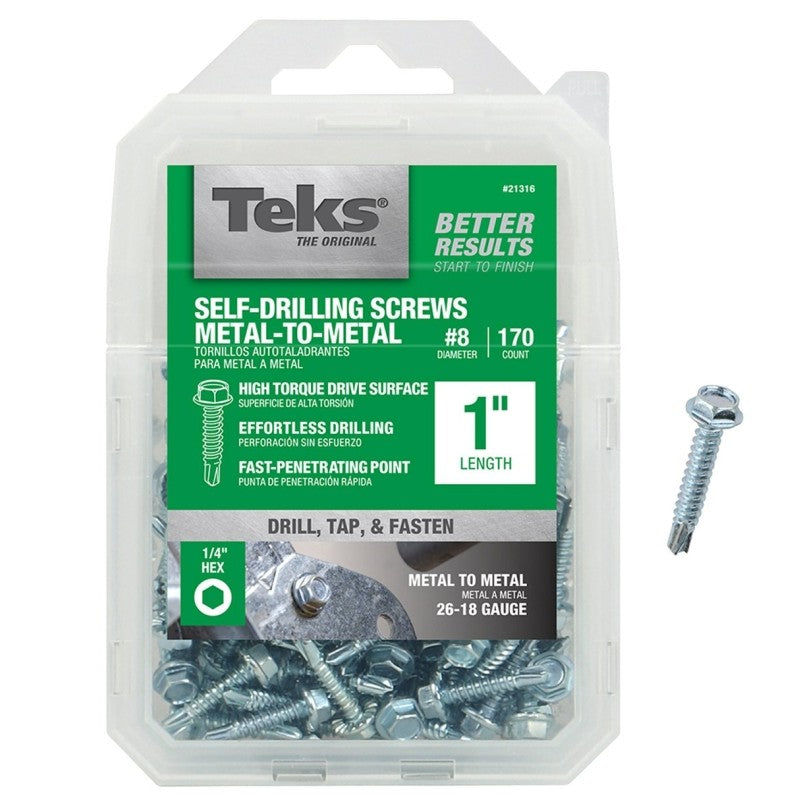 Teks 21316 Screw, #8 Thread, 1 in L, Coarse Thread, Hex Drive, Self-Drilling, Self-Tapping Point, Steel, Zinc, 170 PK
