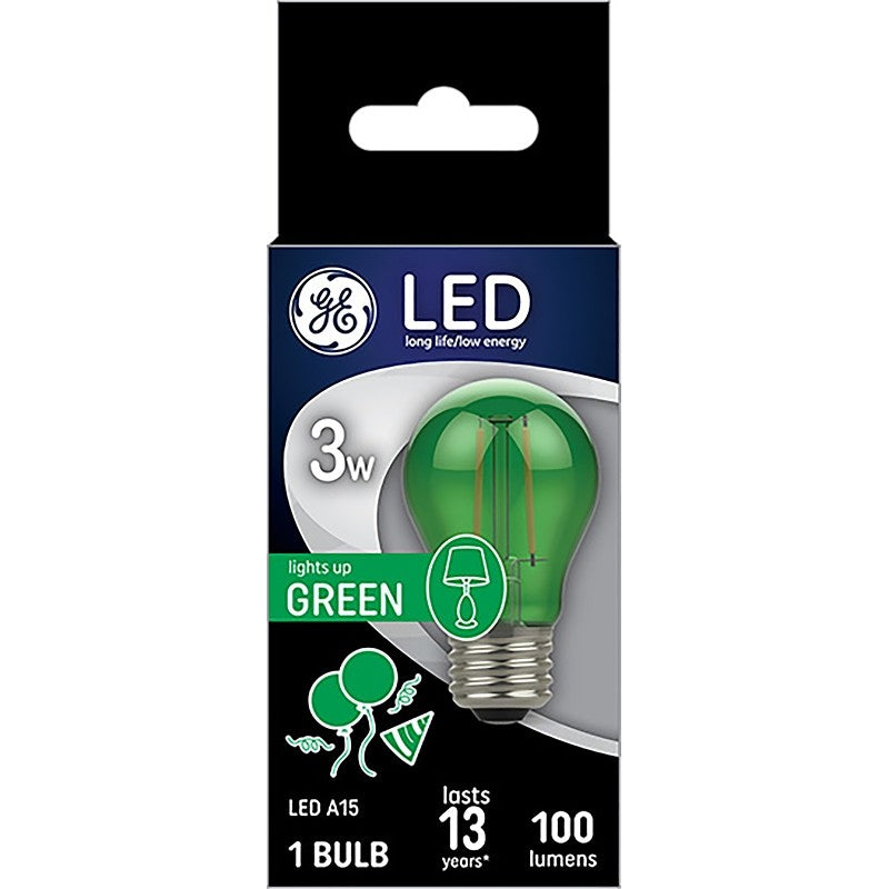 GE 93116856 Party Light Bulb, A15 Bulb, 3 W, Green Bulb, LED Bulb, 2700 K Color Temp, 100 Lumens