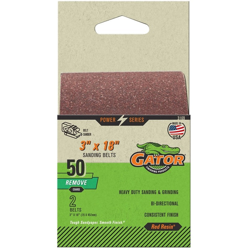 Gator 3169 Sanding Belt, 3 in W, 18 in L, 50 Grit, Coarse, Aluminum Oxide Abrasive