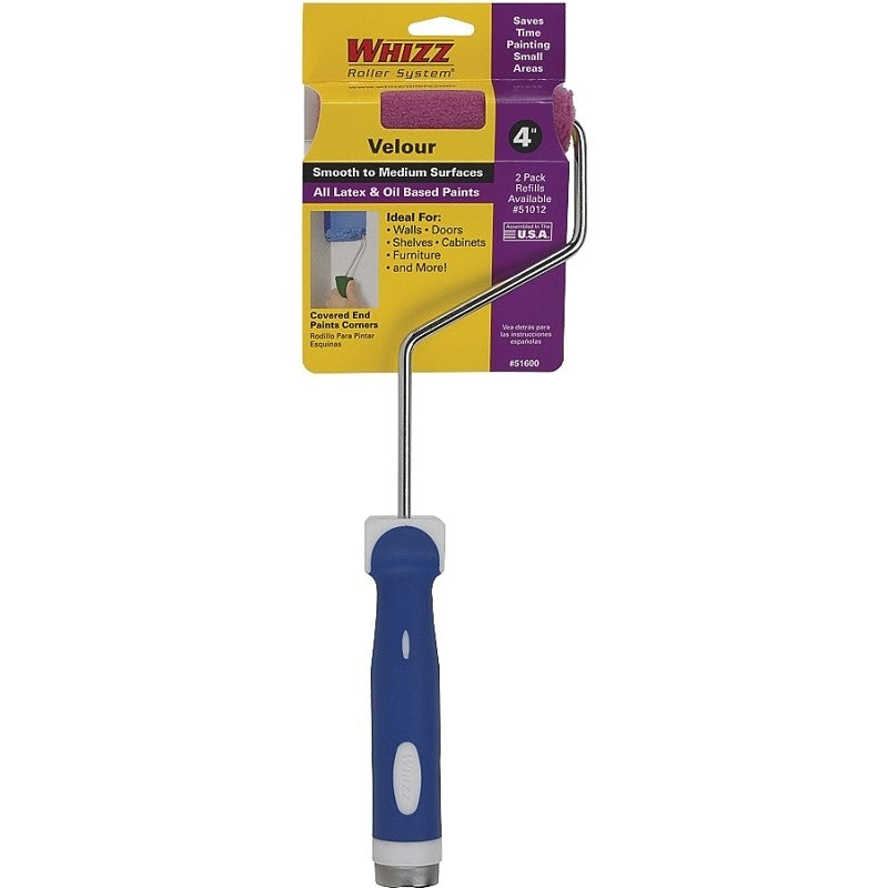 Whizz 51600 Mini Roller, 3/16 in Nap, Velour Cover, Soft Touch Handle, 4 in L Roller