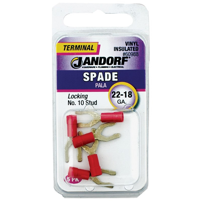 Jandorf 60988 Spade Terminal, 600 V, 22 to 18 AWG Wire, #10 Stud, Vinyl Insulation, Copper Contact, Tin, Red, 5/PK