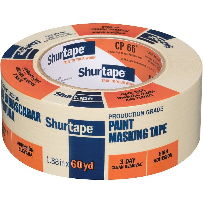 Shurtape CP 66 212293 Masking Tape, 60 yd L, 1.88 in W, Crepe Paper Backing, Natural