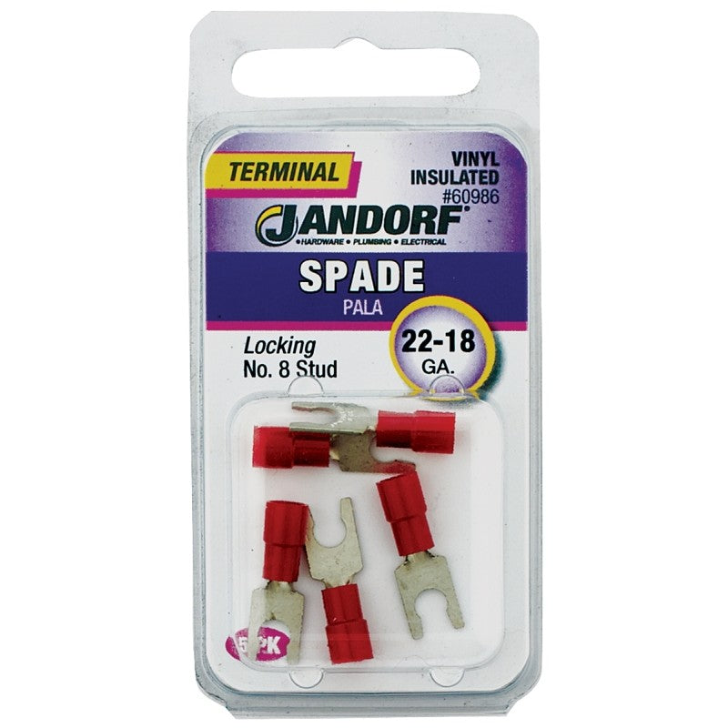 Jandorf 60986 Spade Terminal, 600 V, 22 to 18 AWG Wire, #8 Stud, Vinyl Insulation, Copper Contact, Tin, Red, 5/PK