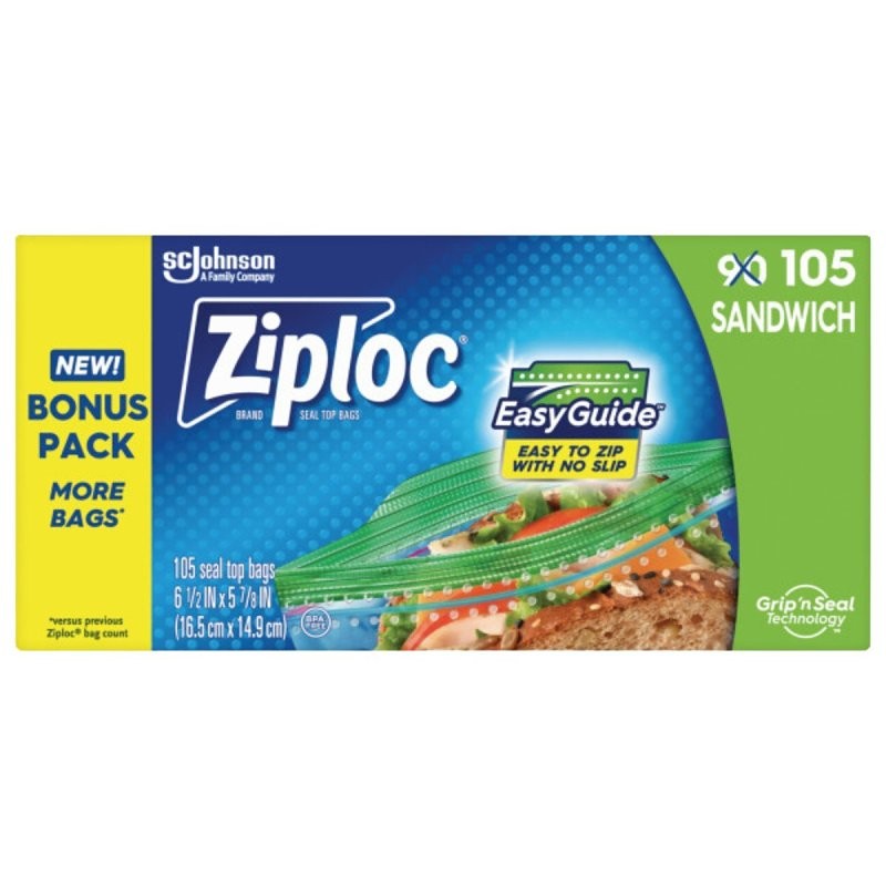 Ziploc 71147 Series Sandwich Bag, Zipper Closure, 5-7/8 in W, 6- 1/2 in L, 90/PK