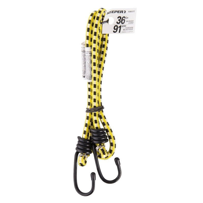 Keeper A06037Z Zip-Tied Bungee Cord, 36 in L, Rubber, Yellow, Hook End