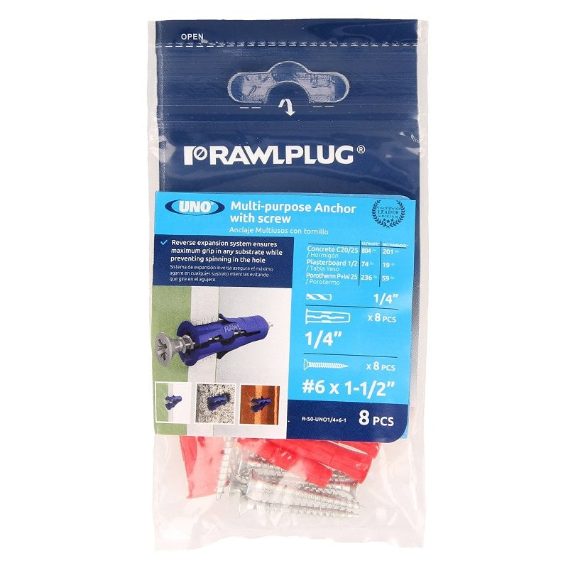 Rawlplug Rawl Uno Series R-S0-UNO1/4+6-1 Multi-Purpose Anchor, 13 mm Thread, 1-1/4 in L, Polypropylene (Pack of 10)