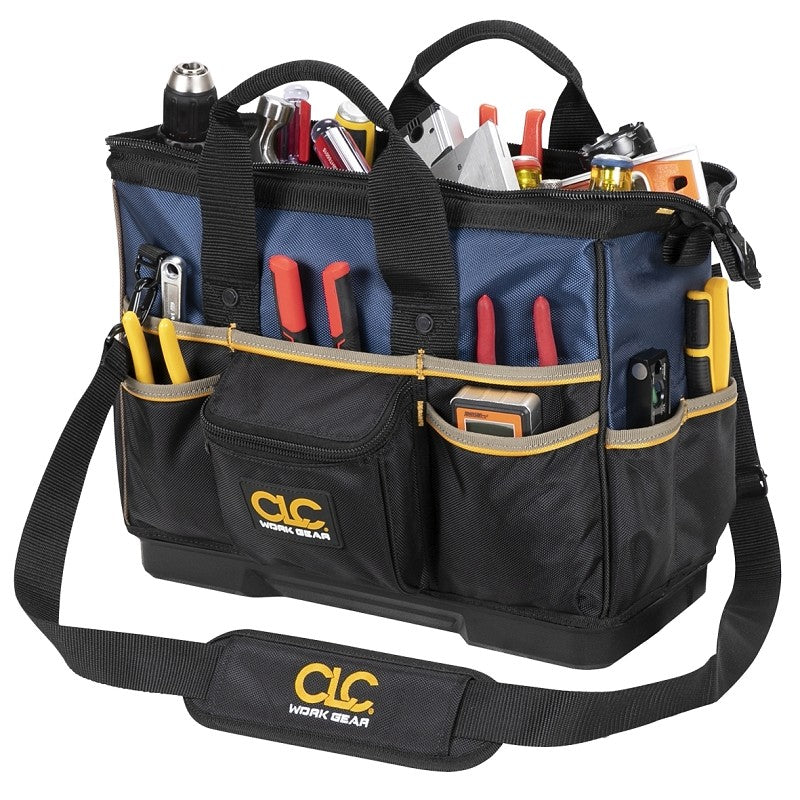 CLC Tool Works PB1563 Tote Tool Bag, 16 in W, 8 in D, 12 in H, 23-Pocket, Polyester, Black/Blue