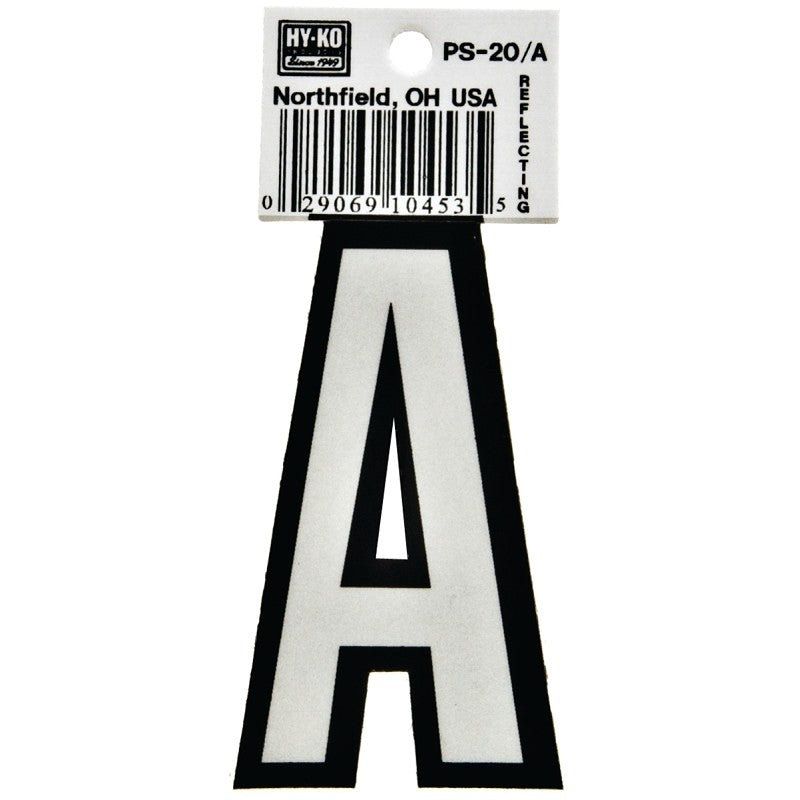 Hy-Ko PS-20/A Reflective Letter, Character: A, 3-1/4 in H Character, Black/White Character, Vinyl (Pack of 10)