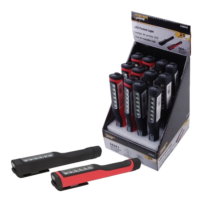 PowerZone 12500 Pocket Light, AAA Battery, LED Lamp, 25 Lumens, 8 m Beam Distance, 3.5 hr Run Time, Red & Black (Pack of 12)