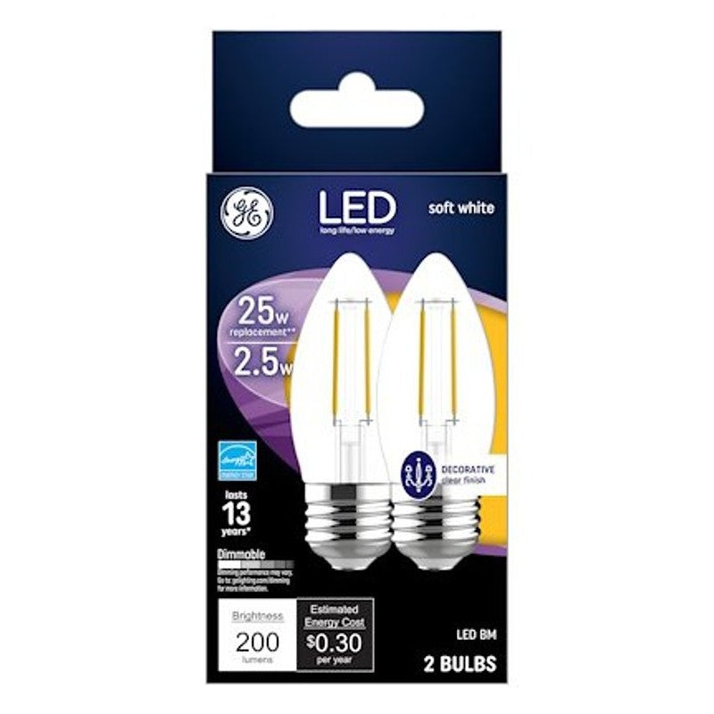 GE 22589 LED Bulb, Decorative, BM Lamp, 25 W Equivalent, Medium Lamp Base, Dimmable, Soft White Light, 2700 K Color Temp