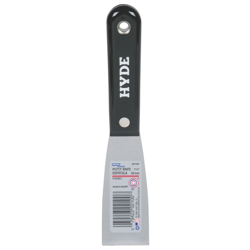 Hyde 02100 Putty Knife, 3-3/4 in L Blade, 1-1/2 in W Blade, HCS Blade, Black/Silver Handle, Nylon Handle