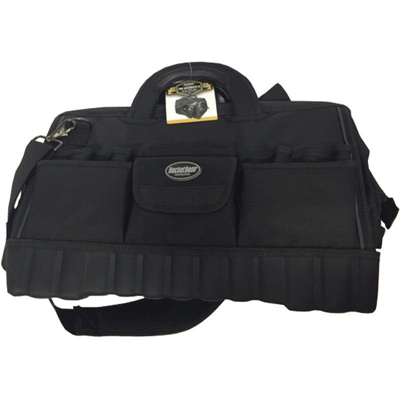 Bucket Boss 64018 Tool Bag, 18 in W, 11 in D, 12 in H, 17-Pocket, Poly Fabric, Black