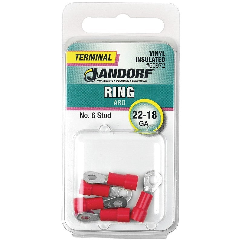 Jandorf 60972 Ring Terminal, 22 to 18 AWG Wire, #6 Stud, Vinyl Insulation, Copper Contact, Red