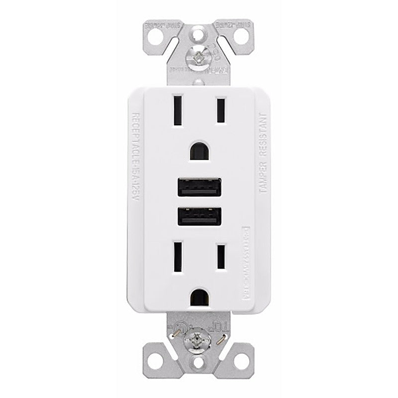 Eaton TR7765W-KB-L Series USB Combination Receptacle, White, 2-Pole, 15 A at 125 VAC, 3.6 A at 5 VDC, 125 VAC, 5 VDC