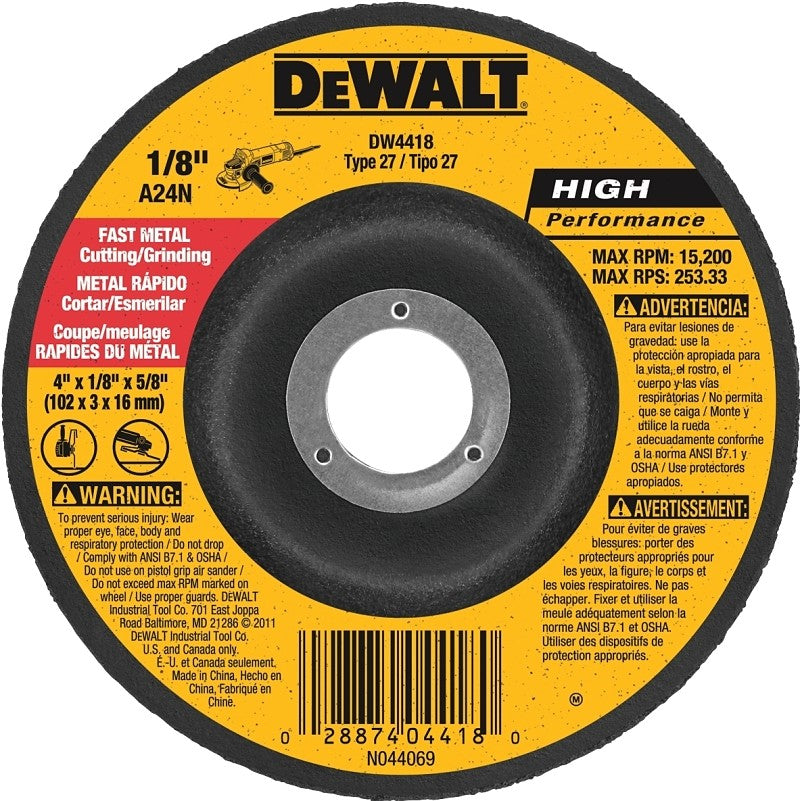 DEWALT DW4418 Grinding Wheel, Applicable Materials: Metal, 4 in Dia, 1/8 in Thick, 5/8 in Arbor, 24 Grit, Very Coarse