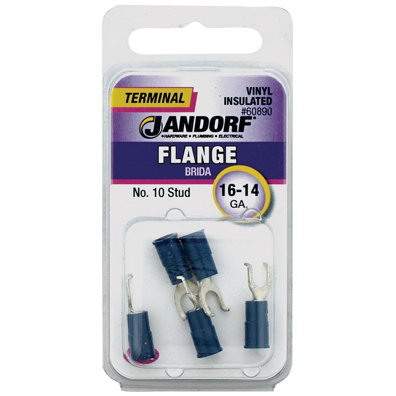 Jandorf 60890 Spade Terminal, 16 to 14 AWG Wire, #10 Stud, Vinyl Insulation, Copper Contact, Blue