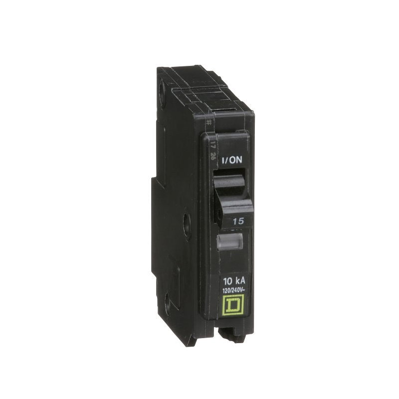Square D QO QO115CP Circuit Breaker, Mini, 15 A, 1 -Pole, 120/240 VAC, 48 VDC, Fixed Trip, Flush Mounting