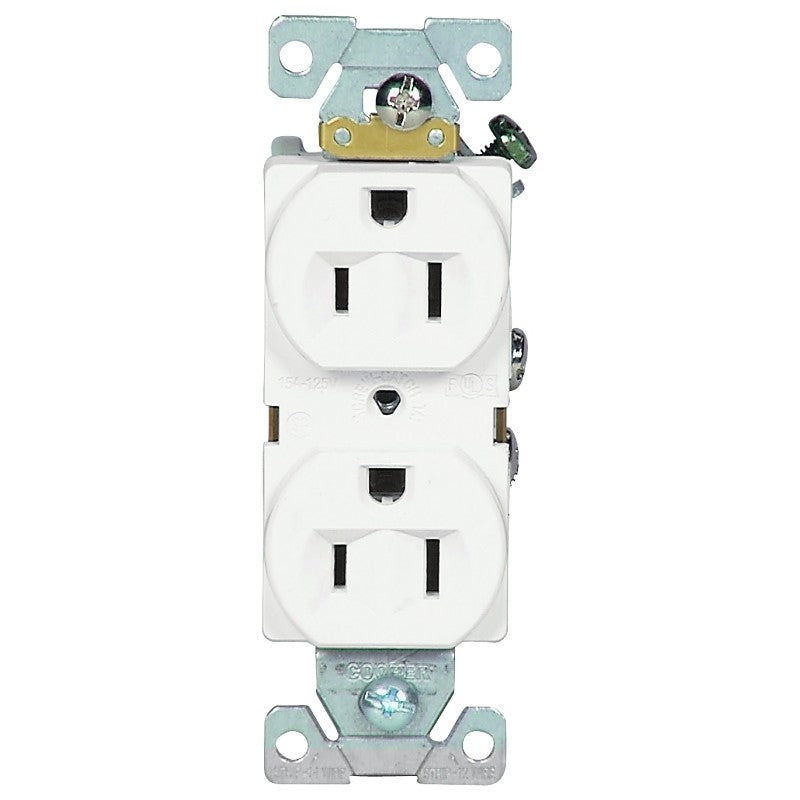 Eaton Wiring Devices BR15W Duplex Receptacle, Nylon/PVC, White, 2-Pole, 15 A, 125 V, Back, Side Wiring, NEMA: 5-15R