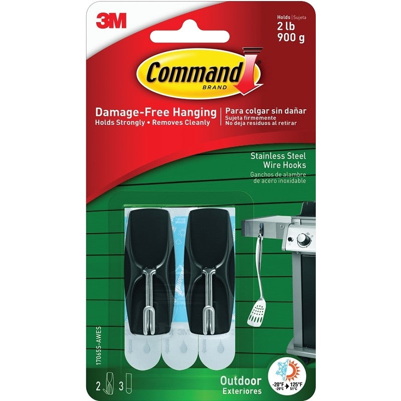 Command 17065S-AWES Wire Hook, 2 lb, 2-Hook, Plastic/Stainless Steel, Slate (Pack of 4)