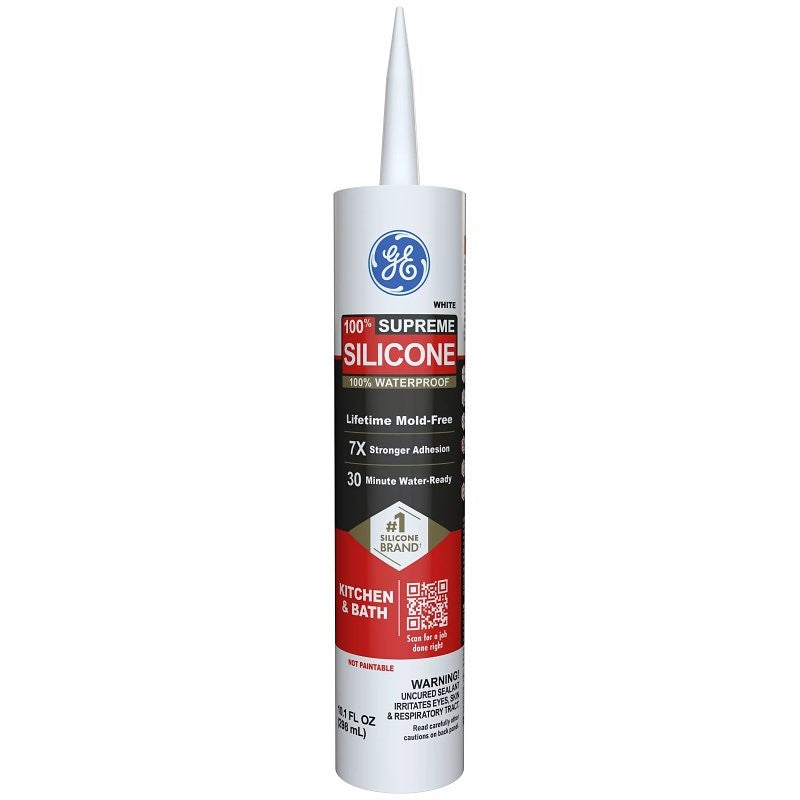 GE Supreme Silicone 2821640 Kitchen & Bath Sealant, White, 24 hr Curing, 10.1 fl-oz Cartridge (Pack of 12)