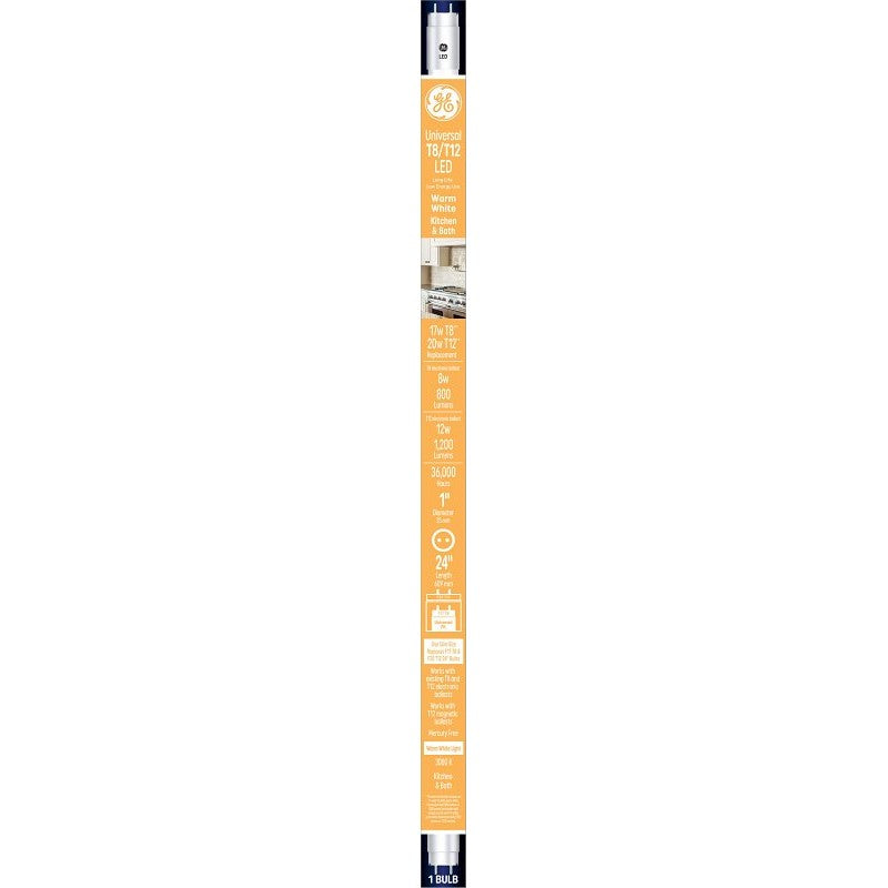 GE 37136 LED Tube Light Bulb, Specialty, T8 Lamp, Bi-Pin Lamp Base, Clear, Warm White Light, 3000 K Color Temp (Pack of 6)