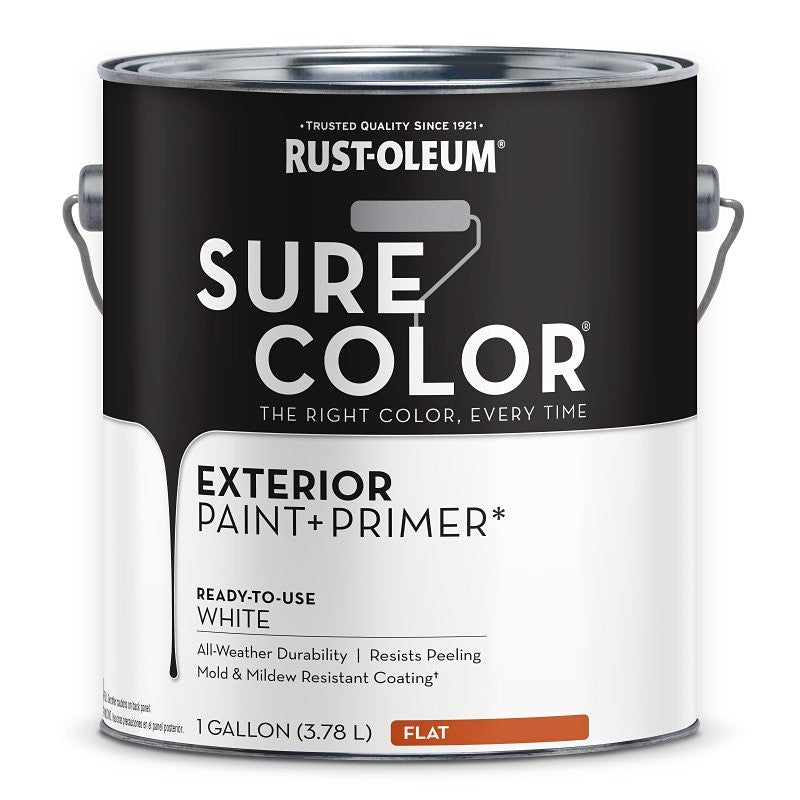 Rust-Oleum Sure Color 394670 Exterior Paint and Primer, Water, Flat, White, 1 gal Can, 400 sq-ft/gal Coverage Area (Pack of 2)