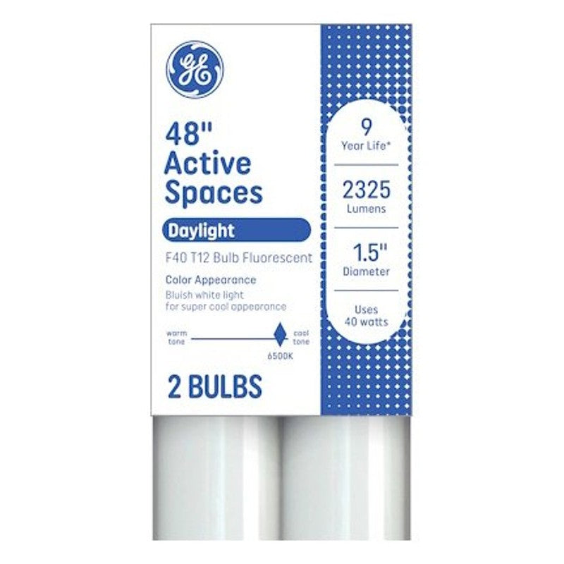 GE 93130677 Tube Light Bulb, 40 W, T12 Linear Lamp, G13 Bi-Pin Lamp Base, 2900 Lumens, 6500 K Color Temp, Daylight (Pack of 9)